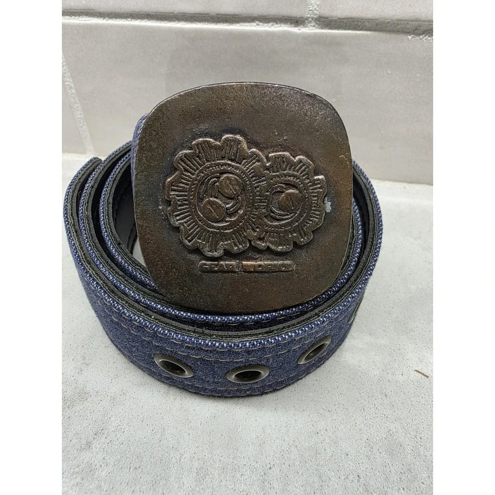 Y2K Gear Works Industrial Belt 30 Blue Canvas Leather Grommet Buckle